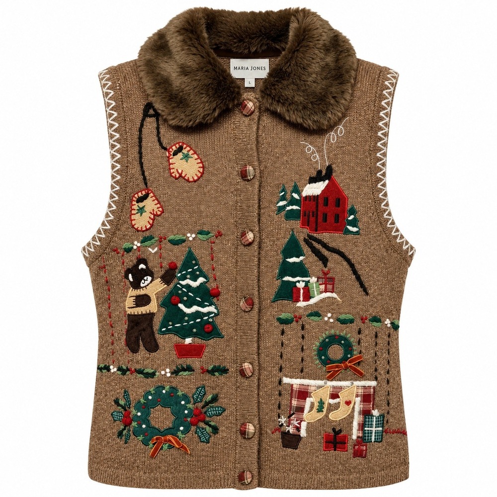 Vintage Cottagecore Christmas Sweater Vest Women Size Large Retro Embroidered
